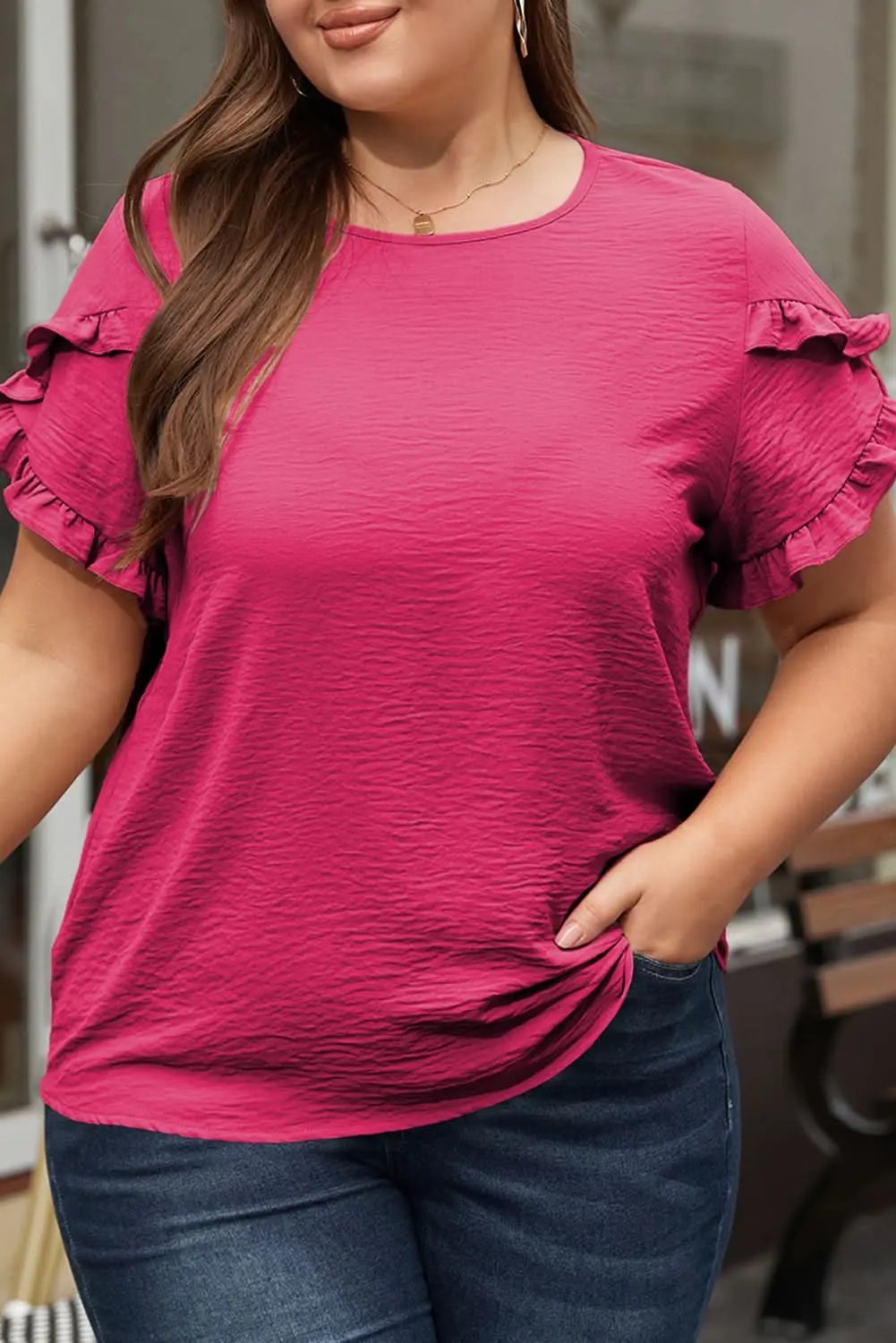 Bright Pink Ruffled Short Sleeve Plus Size Top - Love Salve
